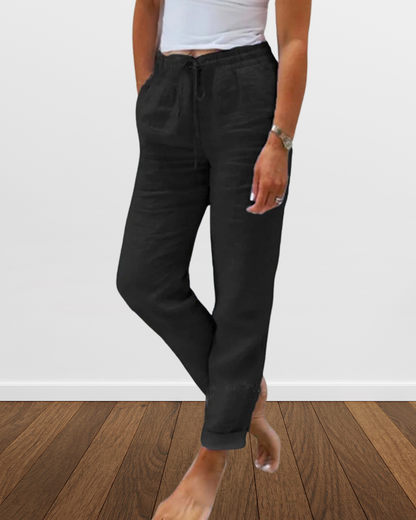 Dam Fritidsbyxor Av Bomull och Linne, Avslappnad Passform och Chic Design-4