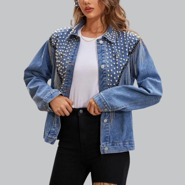 Dam Denimjacka med Pärlor och Tofsar i Hållbar Denim-5