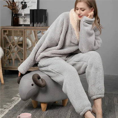Dam Pyjamas Set Långärmad Fleece med Matchande Pyjamasbyxor-3