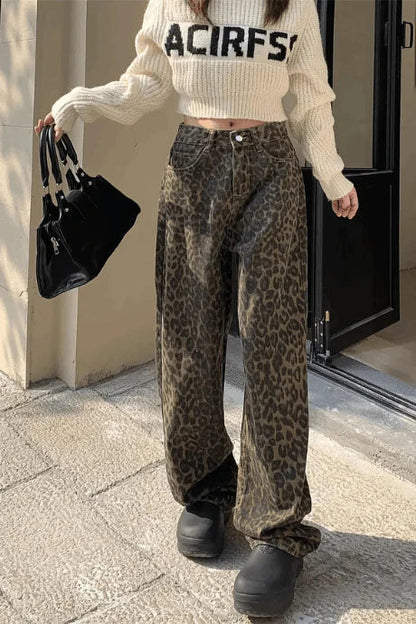 Kvinnors Vintage Jeans Rak Passform Mjuk Elastisk Denim Leopardmönster-4