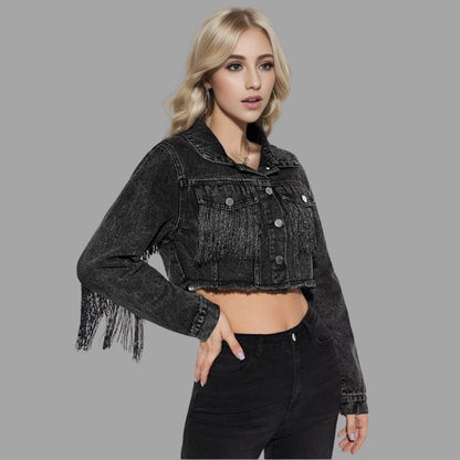 Kvinna Kort Denimjacka Fransdetalj Denim-6