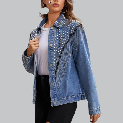 Dam Denimjacka med Pärlor och Tofsar i Hållbar Denim-3