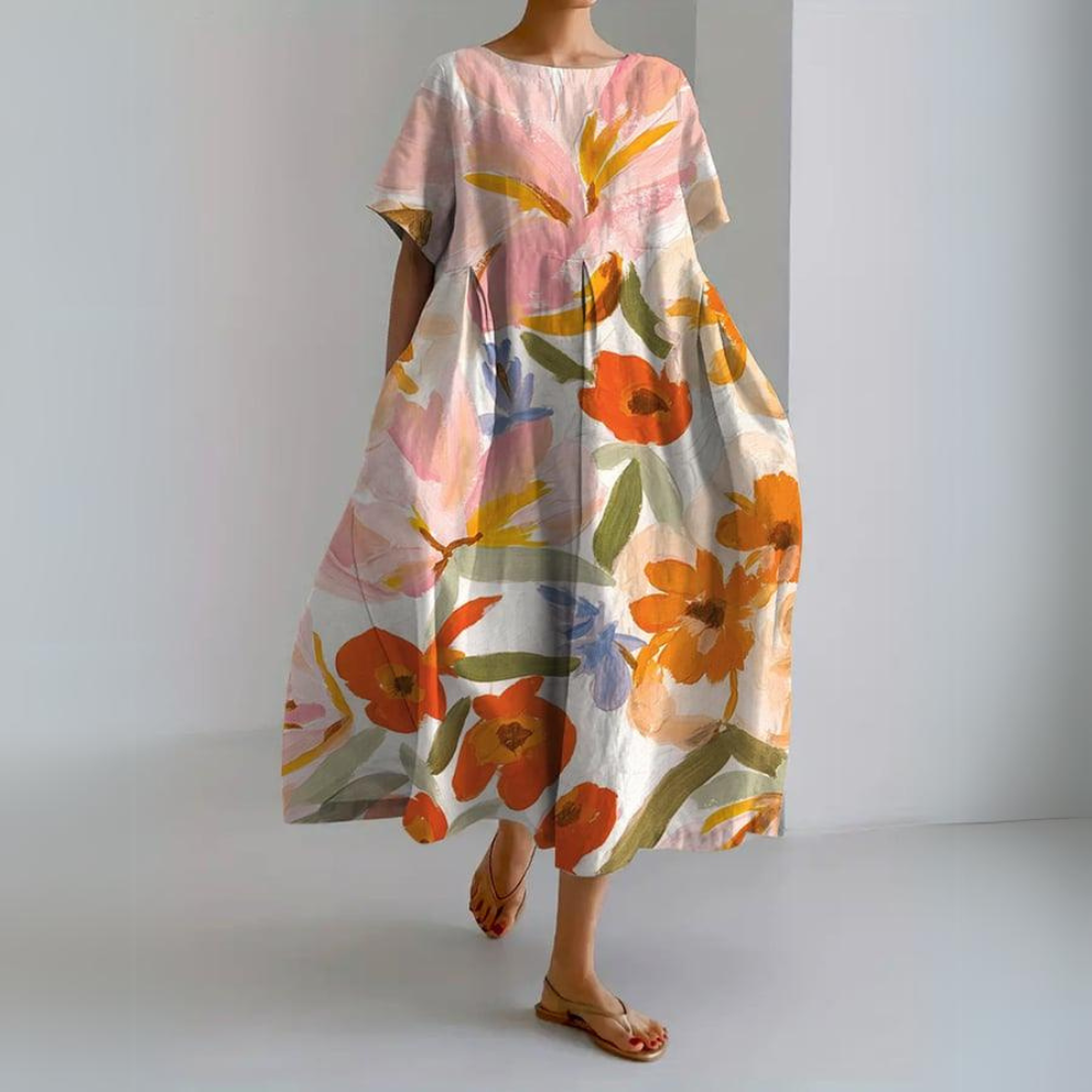 Kvinnors Fritidsklänning Retro Blommönster Andningsbart Tyg-1