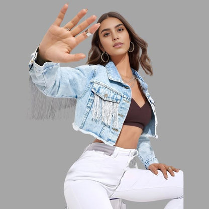 Variant image for Kvinna Kort Denimjacka Fransdetalj Denim-2