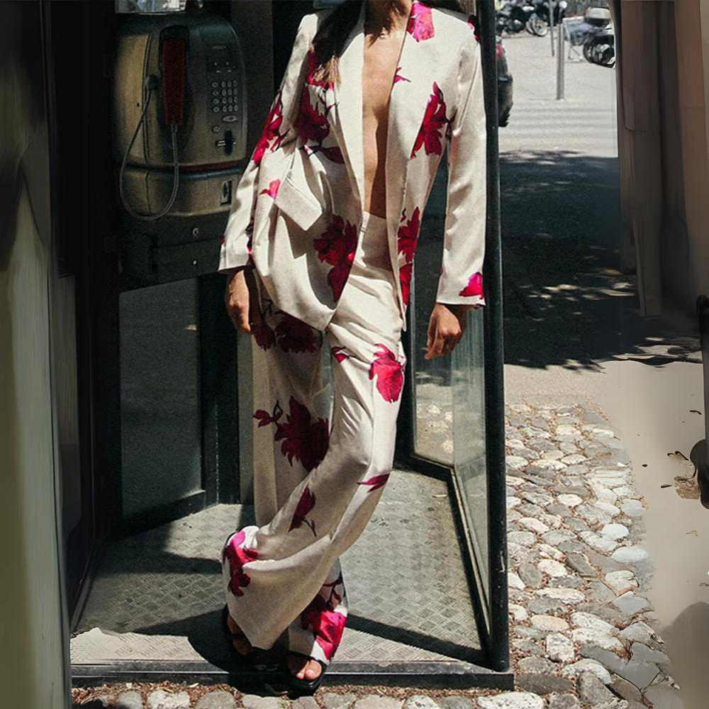 Elegant 2-delad Damuppsättning med Chic Topp och Matchande Byxor – Högkvalitativt Tyg, Flera Mönster och Färger 7