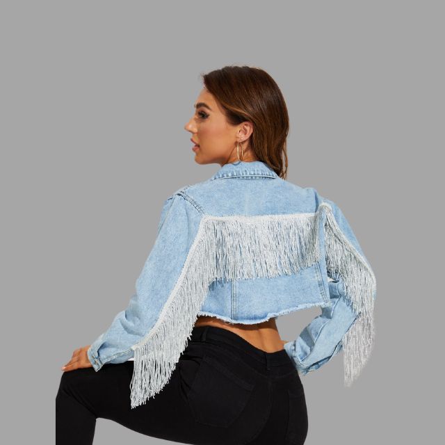 Kvinna Kort Denimjacka Fransdetalj Denim-3