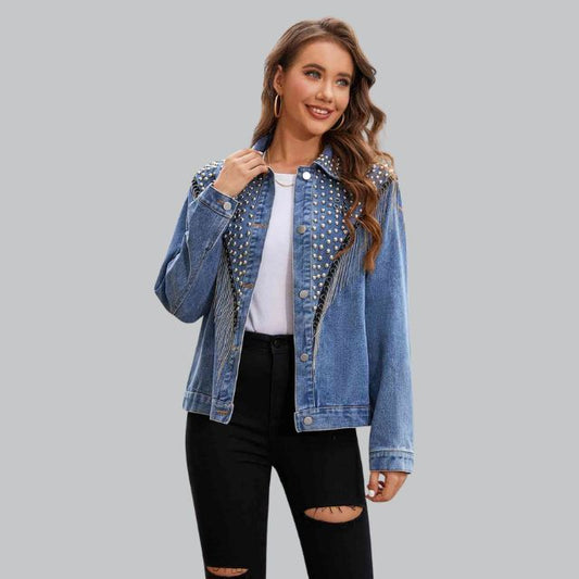 Dam Denimjacka med Pärlor och Tofsar i Hållbar Denim-1