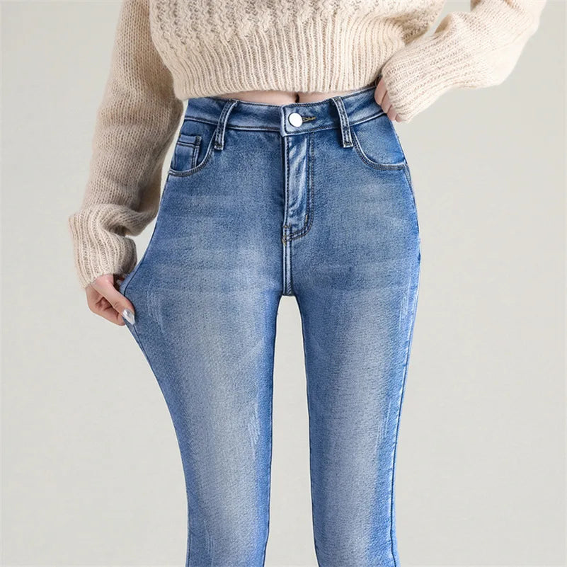 Högmidjade Jeans för Kvinnor med Varm Plyschfoder – Slim Fit Denim med Praktiska Fickor 3