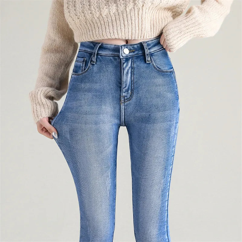 Högmidjade Jeans för Kvinnor med Varm Plyschfoder – Slim Fit Denim med Praktiska Fickor 2
