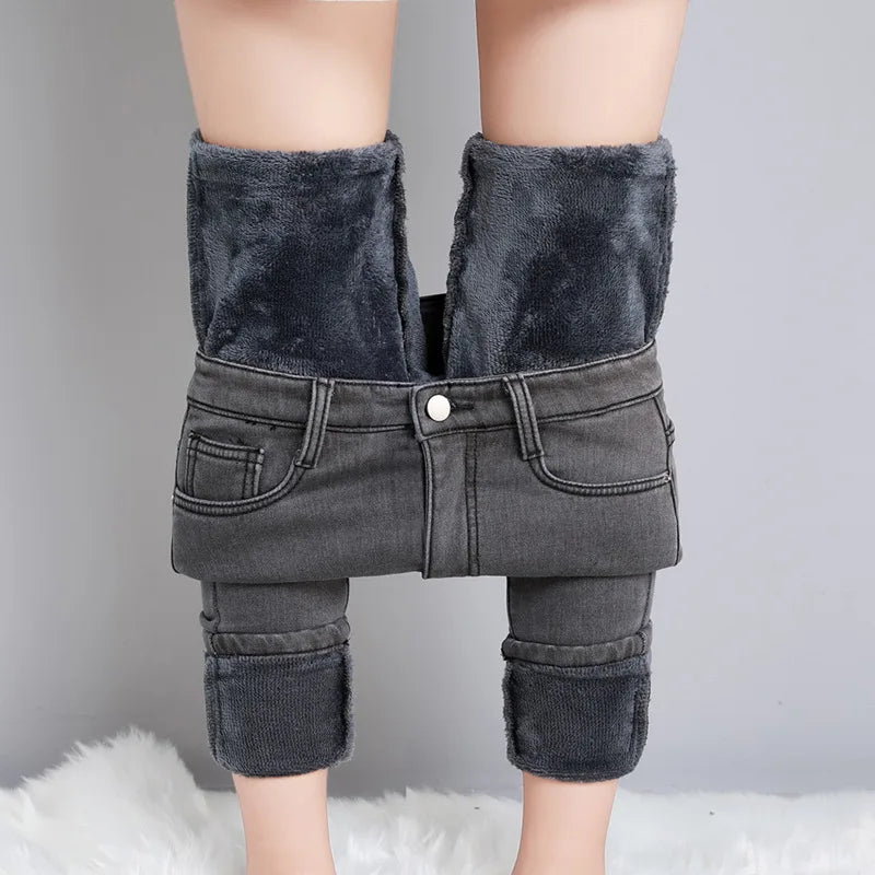 Högmidjade Jeans för Kvinnor med Varm Plyschfoder – Slim Fit Denim med Praktiska Fickor 1