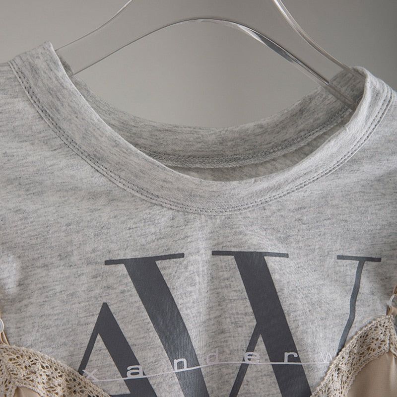 Dam T-Shirt Kortärmad Patchwork Bomull Polyester-3