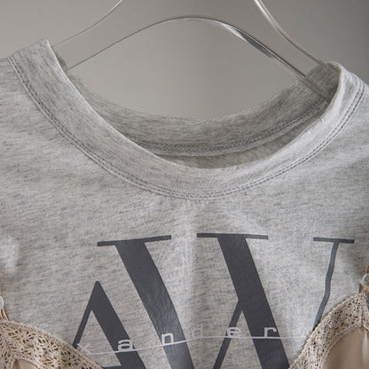 Dam T-Shirt Kortärmad Patchwork Bomull Polyester-3