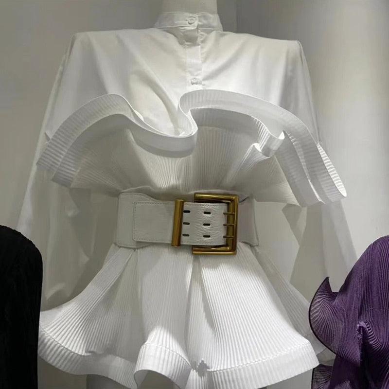 Dam Långärmad Blus med Stativkrage i Bomull-2