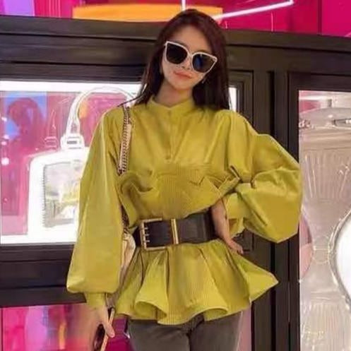 Dam Långärmad Blus med Stativkrage i Bomull-3