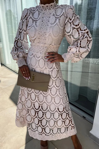 Dam Midiklänning med Lykta Ärmar i Virkat Spets för Bröllop och Fest-2