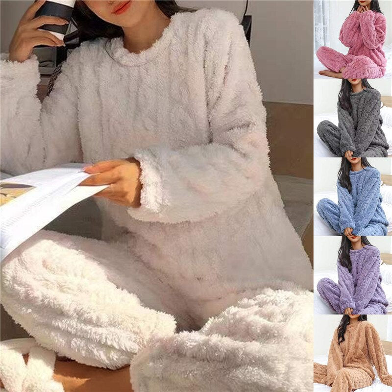 Dam Fleece Pyjamas Set Långärmad Topp och Byxor-2
