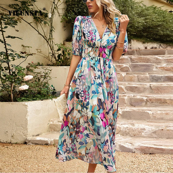 Dam Maxiklänning Fängslande Tryck Polyester Elegant Silhuett-5