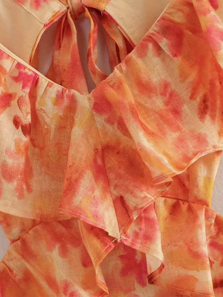 Fina Dam Klänningar Blommig Viskos med V-Hals och Fladdrande Ärmar-5