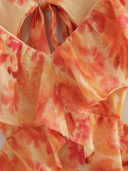 Fina Dam Klänningar Blommig Viskos med V-Hals och Fladdrande Ärmar-5