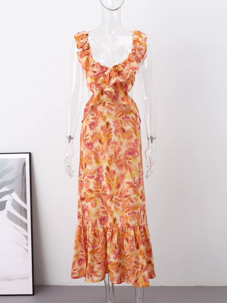 Fina Dam Klänningar Blommig Viskos med V-Hals och Fladdrande Ärmar-4