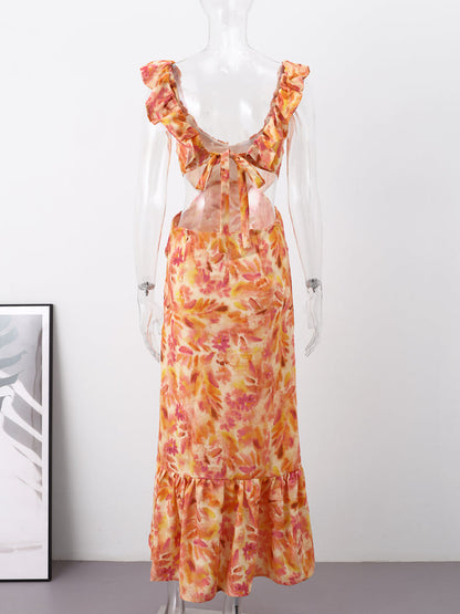 Fina Dam Klänningar Blommig Viskos med V-Hals och Fladdrande Ärmar-3