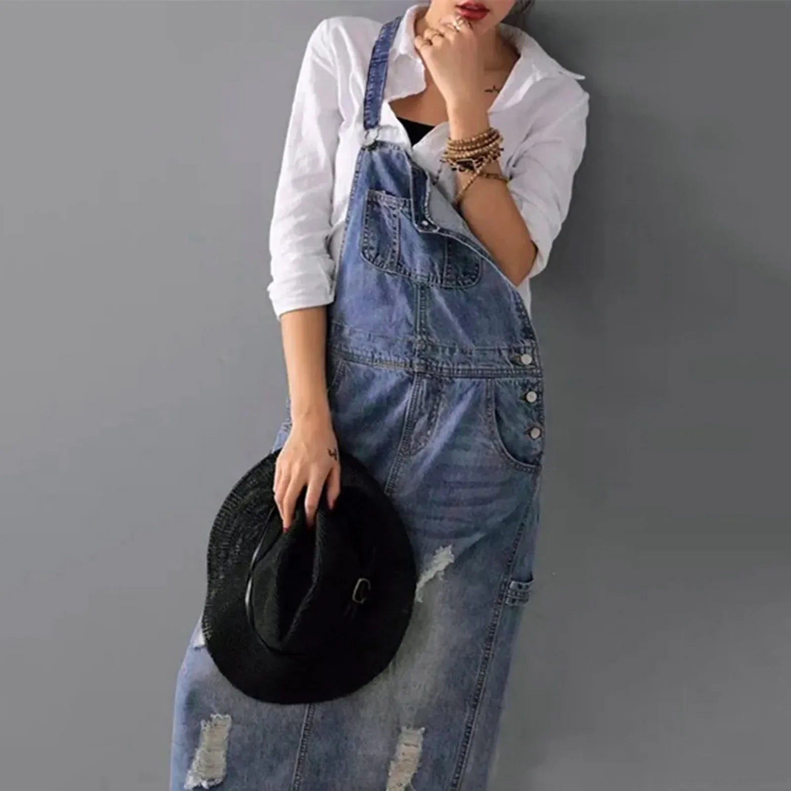 Damklänning Denimstil med Remmar i Bomullsblandning-3