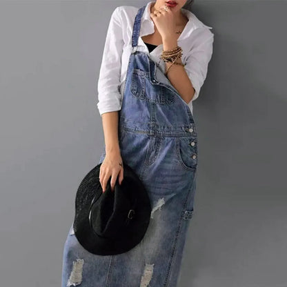 Damklänning Denimstil med Remmar i Bomullsblandning-3