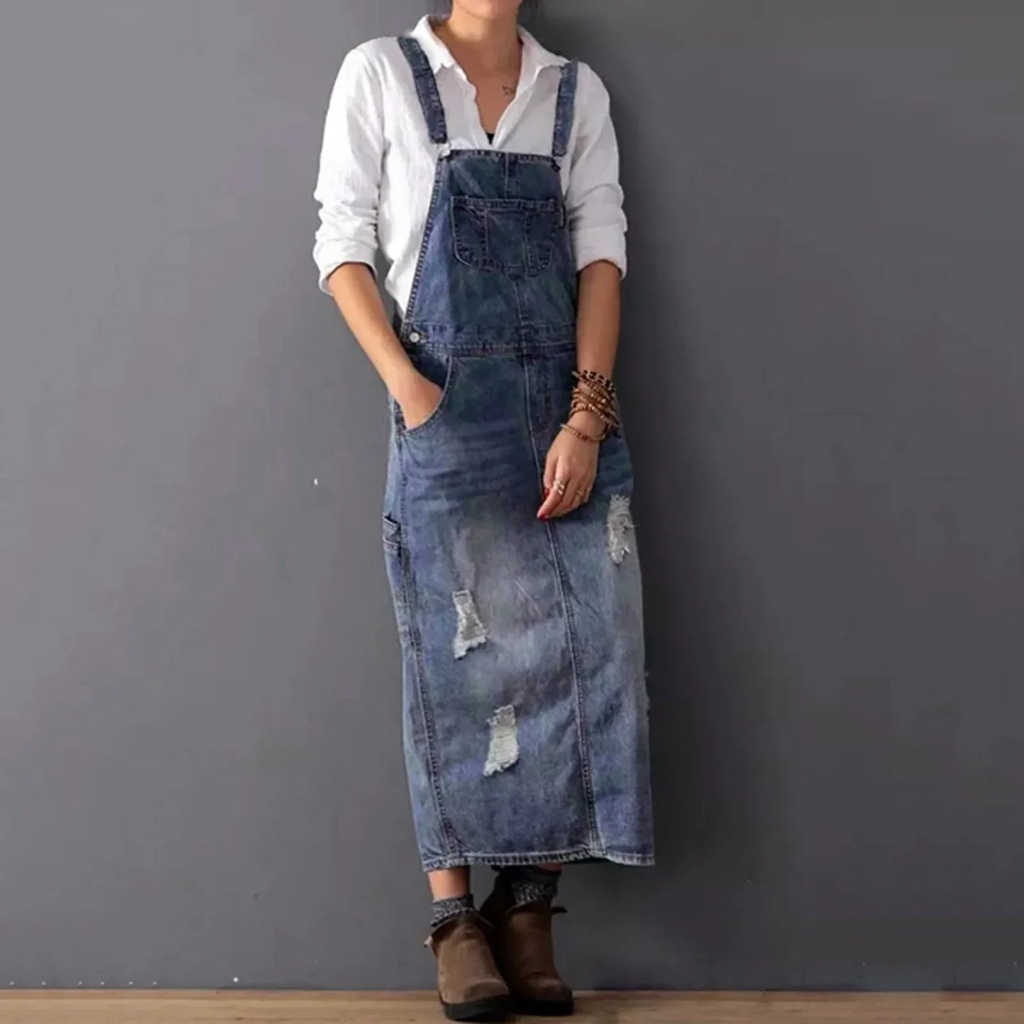 Variant image for Damklänning Denimstil med Remmar i Bomullsblandning-1