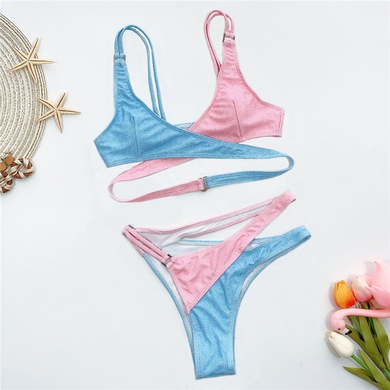 Dam Bikini Set Hög Midja Patchwork Nylon Spandex-5