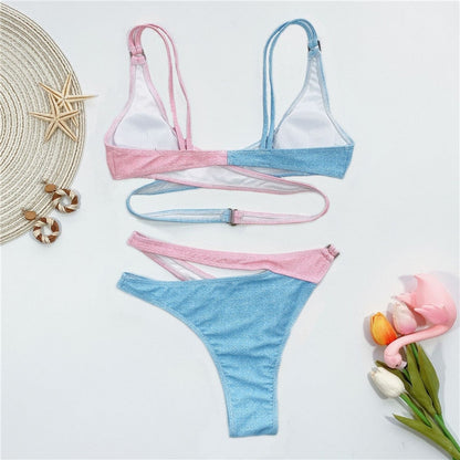 Dam Bikini Set Hög Midja Patchwork Nylon Spandex-6