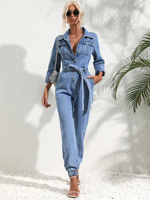 Variant image for Kvinnors Denim Overall Casual Chic med Bälte och Långa Ärmar-5