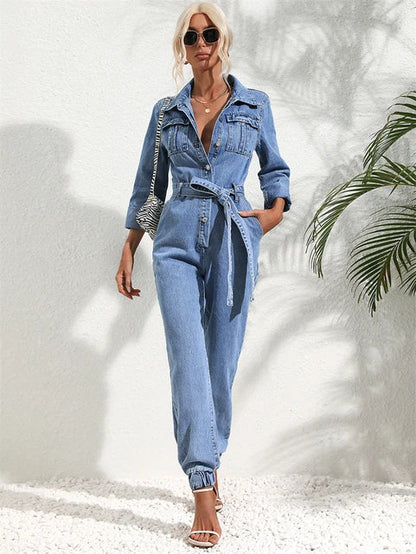 Variant image for Kvinnors Denim Overall Casual Chic med Bälte och Långa Ärmar-5