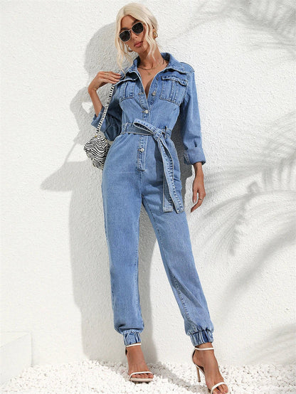 Kvinnors Denim Overall Casual Chic med Bälte och Långa Ärmar-3