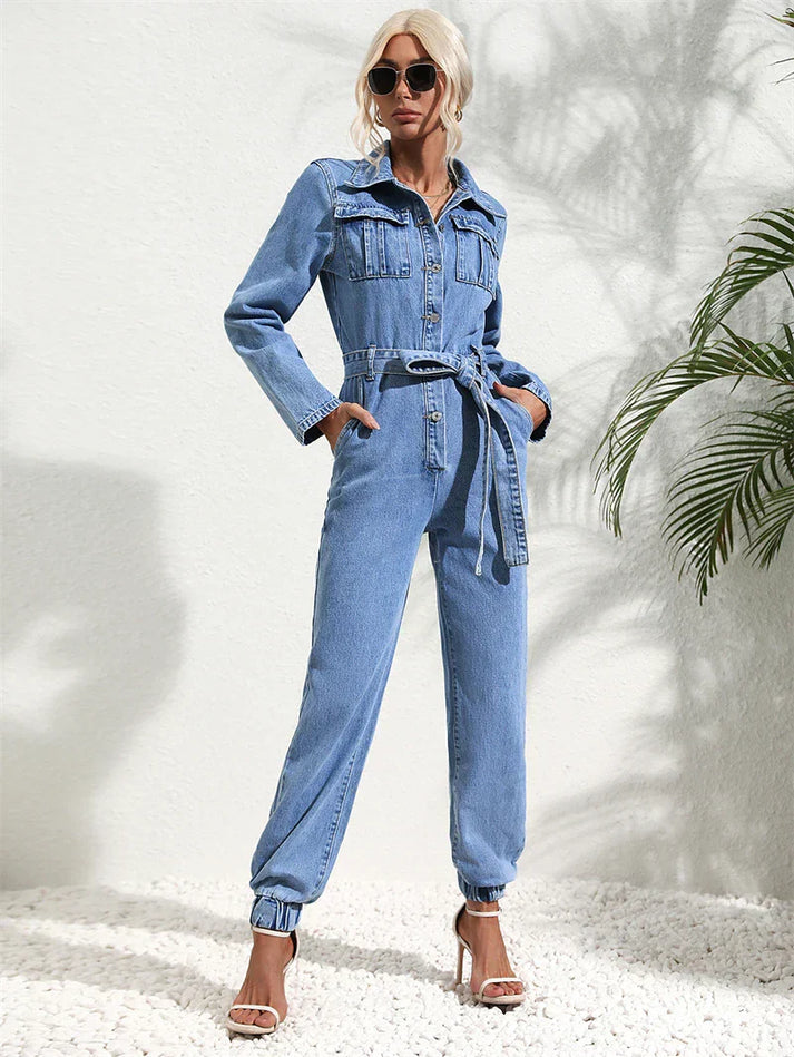 Kvinnors Denim Overall Casual Chic med Bälte och Långa Ärmar-2