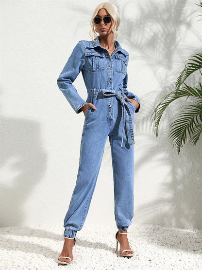Kvinnors Denim Overall Casual Chic med Bälte och Långa Ärmar-2
