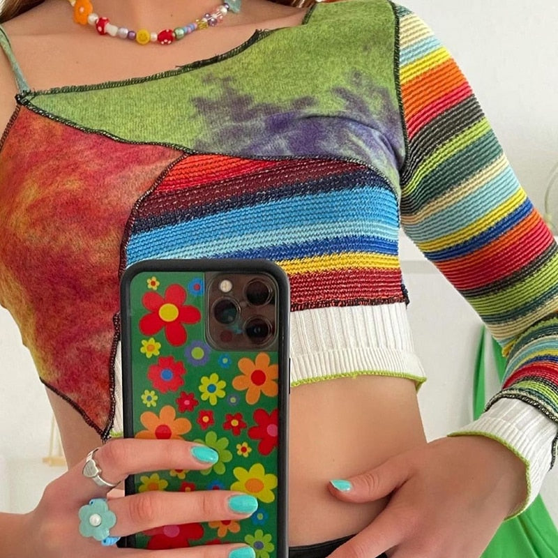 Dam Crop Top Patchwork Design Polyester Spandex 2