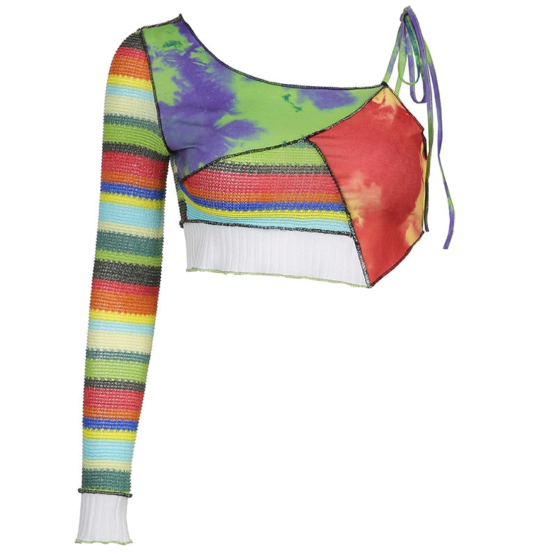 Dam Crop Top Patchwork Design Polyester Spandex 5