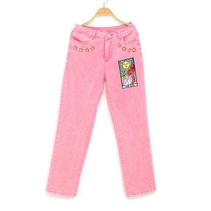 Herr Jeans Rakt Snitt Vintage Bomull Polyester Med Abstrakt Målning-3