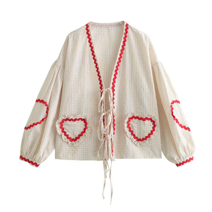 Variant image for Dam V-Neck Blus med Hjärtformade Fickor i Vintage Stil-6