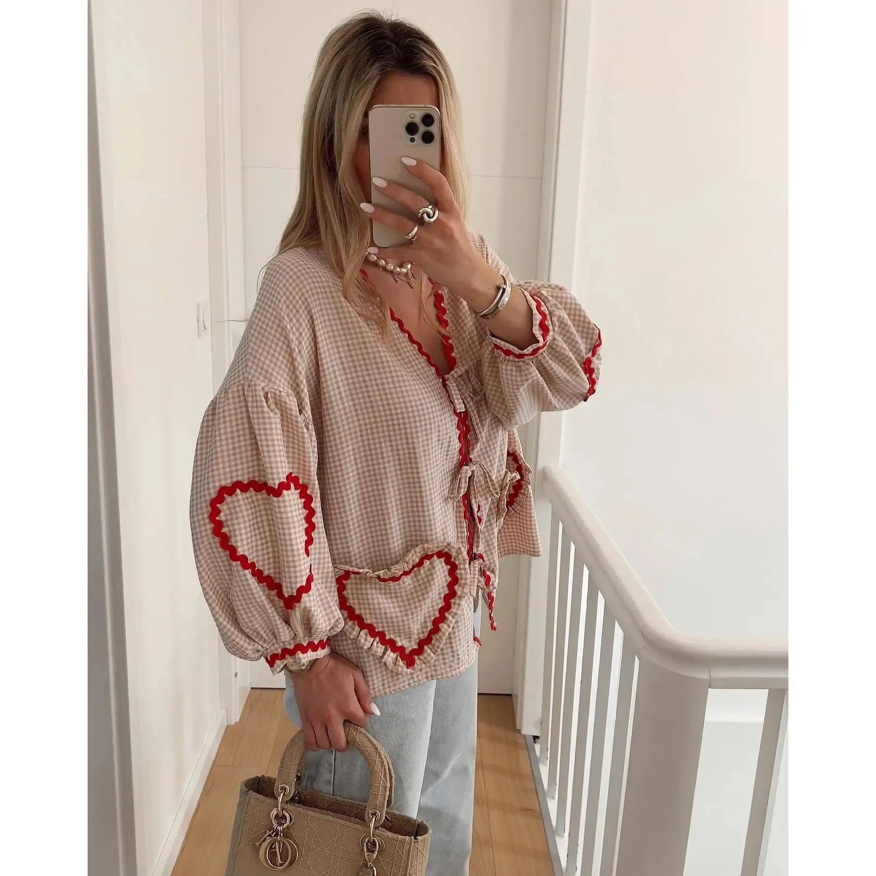 Dam Topp Löst Passform Hjärtformade Fickor 100% Bomull-2