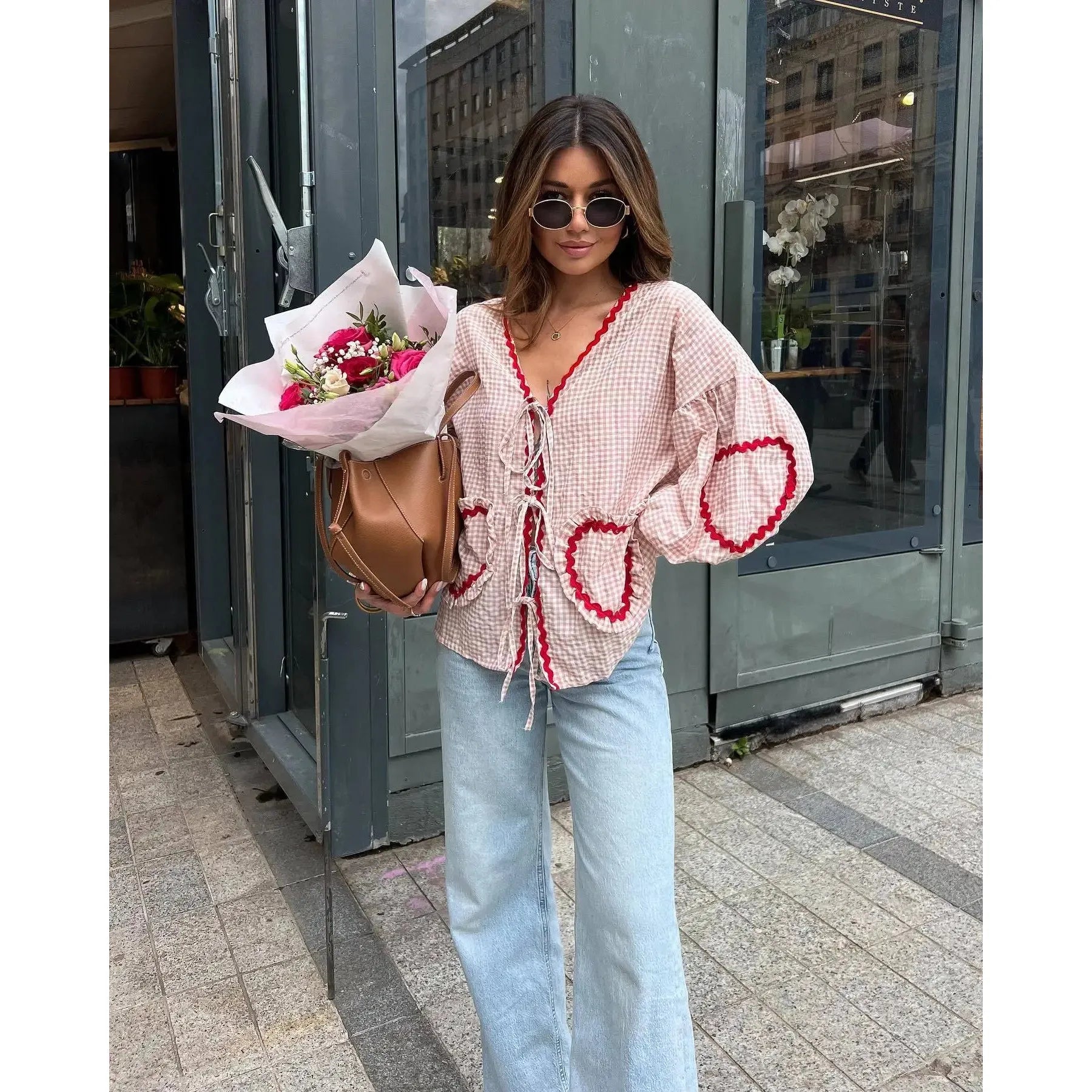 Dam Topp Löst Passform Hjärtformade Fickor 100% Bomull-4