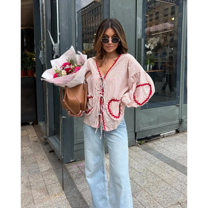 Dam Topp Löst Passform Hjärtformade Fickor 100% Bomull-4