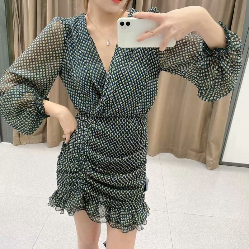 Dam Mini Klänning Chiffong Långärmad Blommig Design-5