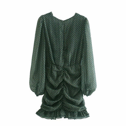 Dam Mini Klänning Chiffong Långärmad Blommig Design-2