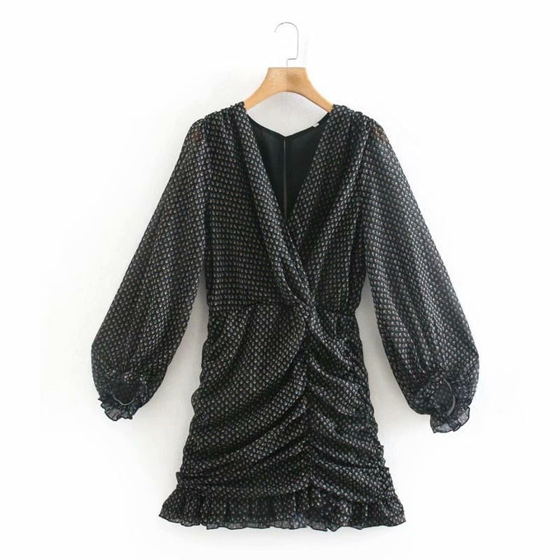 Dam Mini Klänning Chiffong Långärmad Blommig Design-3