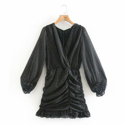 Dam Mini Klänning Chiffong Långärmad Blommig Design-3