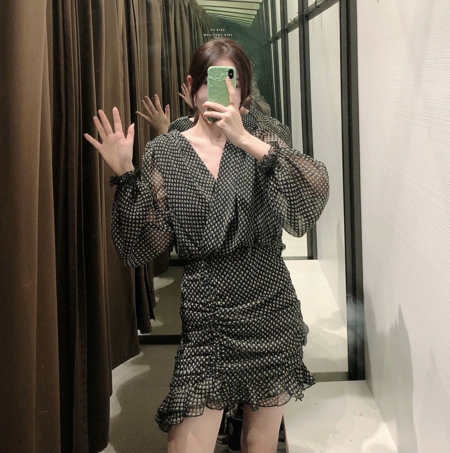 Dam Mini Klänning Chiffong Långärmad Blommig Design-4