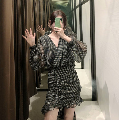 Dam Mini Klänning Chiffong Långärmad Blommig Design-4