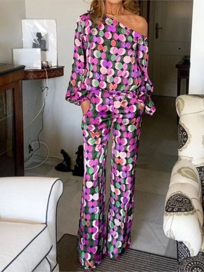 Variant image for Dam Kläduppsättning Färgglad Topp och Byxor Högkvalitativt Tyg-5