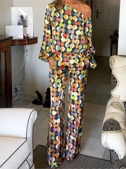 Dam Kläduppsättning Färgglad Topp och Byxor Högkvalitativt Tyg-3